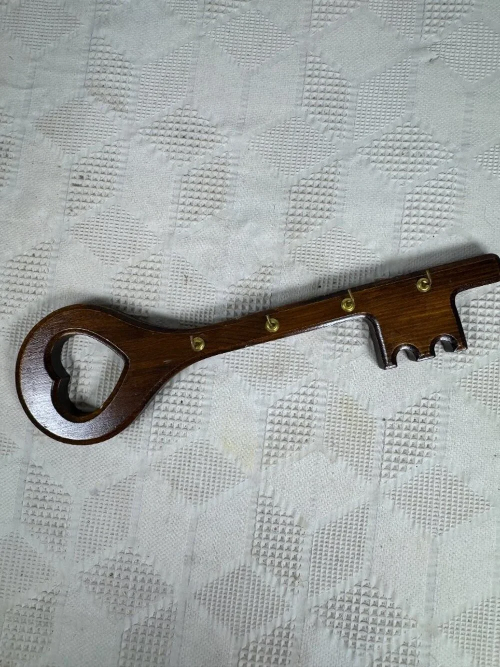 Wooden Key Shaped Wall Hook Key Organizer w Heart Cutout & Brass Hooks For Keys